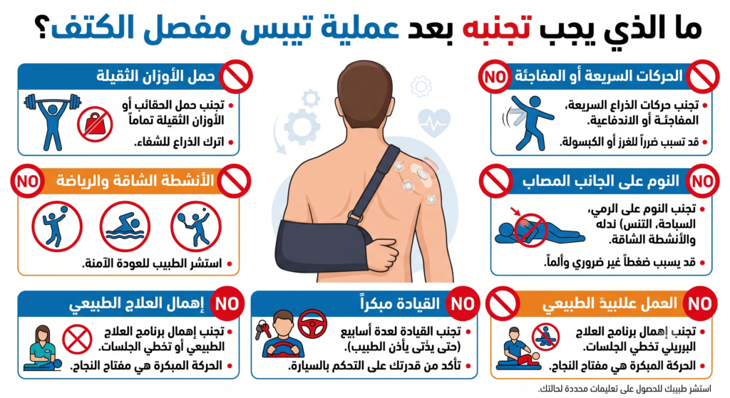 ما الذي يجب تجنبه بعد عملية تيبس مفصل الكتف؟