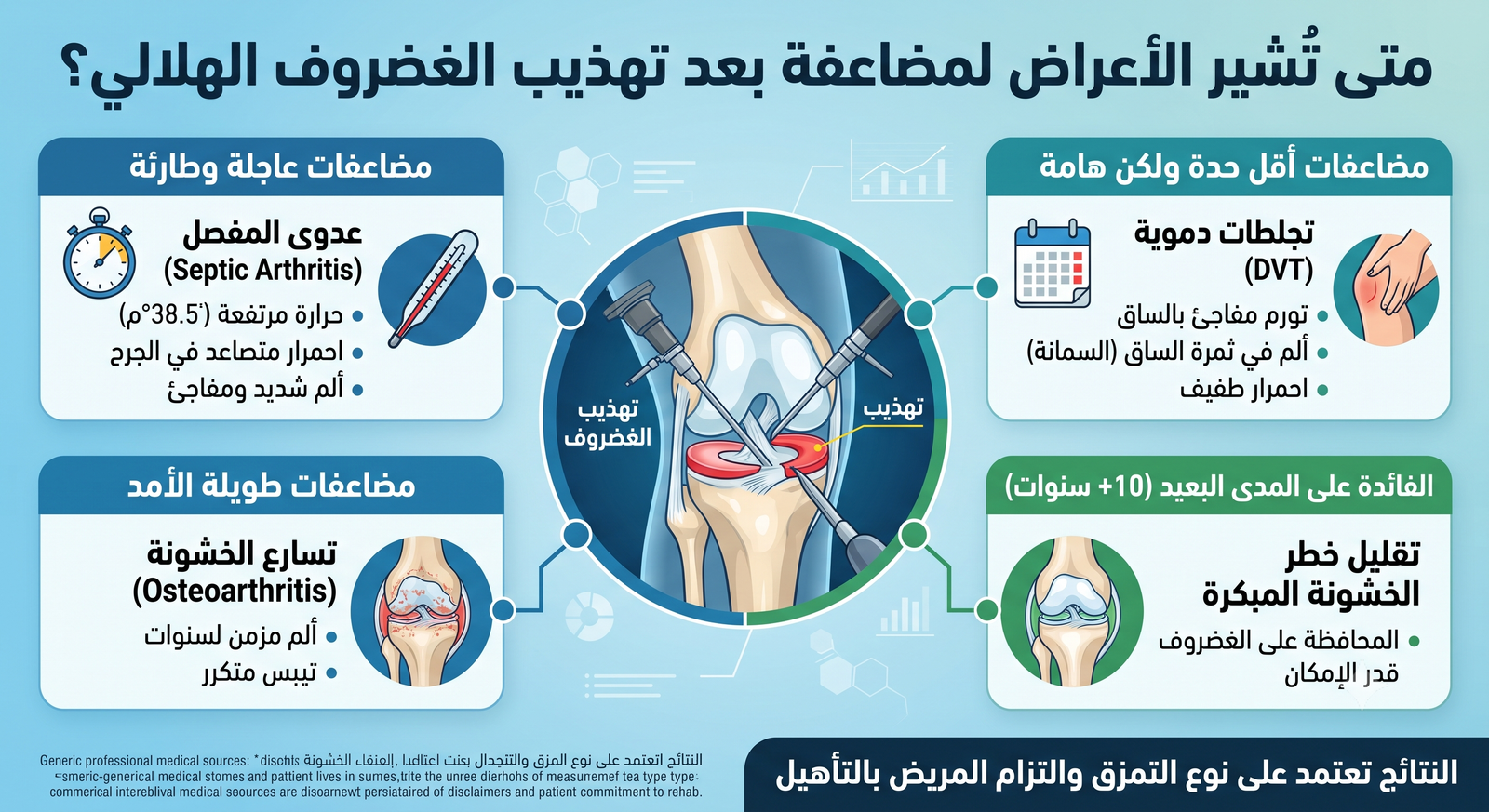 متى تُشير الأعراض لمضاعفة بعد تهذيب الغضروف الهلالي؟